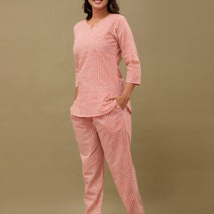 Pink Printed Cotton Night Suit with V-Neck Kurti & Ankle-Length Pants