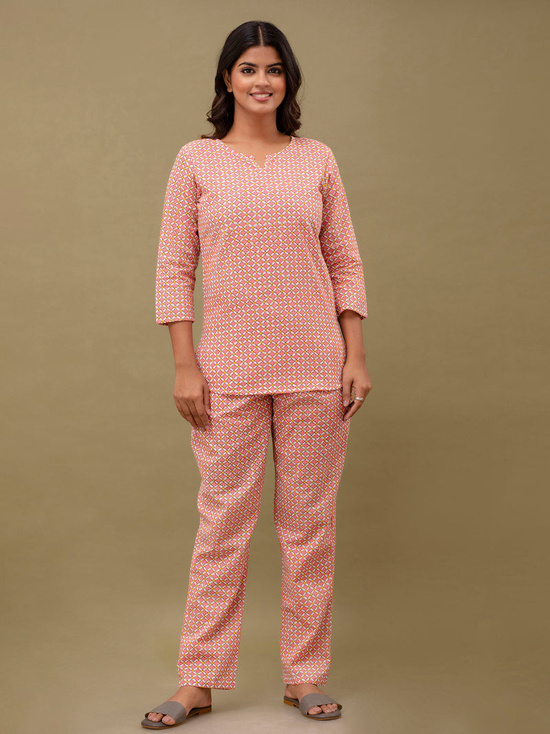 Pink Printed Cotton Night Suit with V-Neck Kurti & Ankle-Length Pants