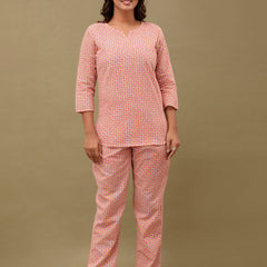Pink Printed Cotton Night Suit with V-Neck Kurti & Ankle-Length Pants