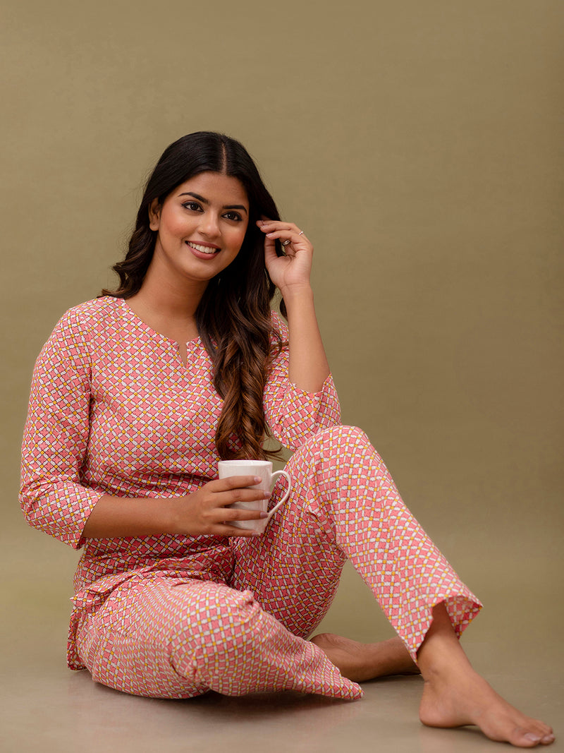 Pink Printed Cotton Night Suit with V-Neck Kurti & Ankle-Length Pants