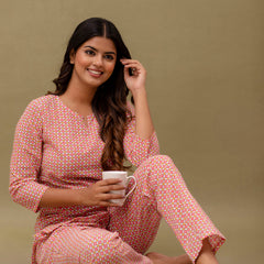 Pink Printed Cotton Night Suit with V-Neck Kurti & Ankle-Length Pants