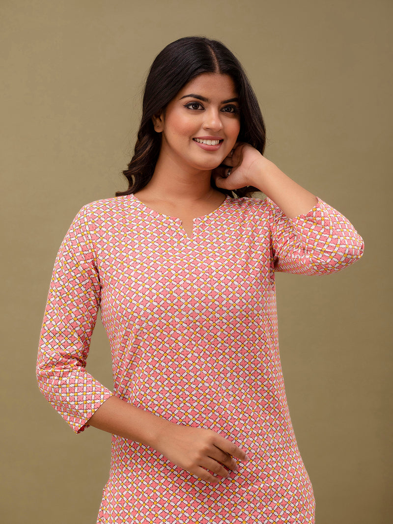 Pink Printed Cotton Night Suit with V-Neck Kurti & Ankle-Length Pants