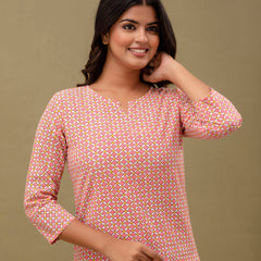 Pink Printed Cotton Night Suit with V-Neck Kurti & Ankle-Length Pants