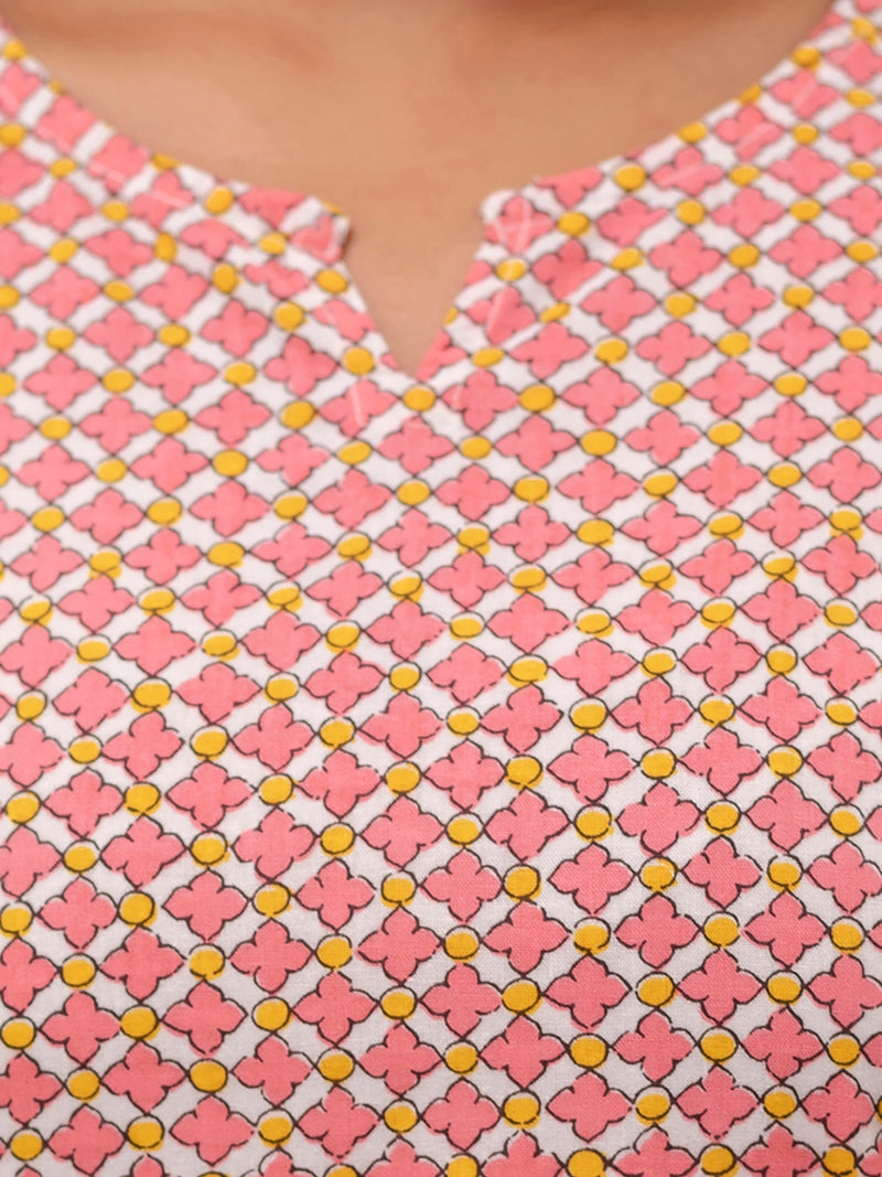 Pink Printed Cotton Night Suit with V-Neck Kurti & Ankle-Length Pants