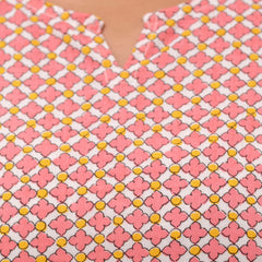 Pink Printed Cotton Night Suit with V-Neck Kurti & Ankle-Length Pants