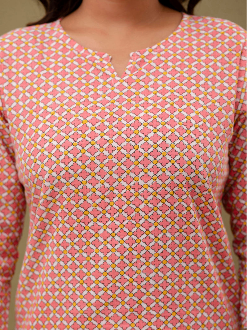 Pink Printed Cotton Night Suit with V-Neck Kurti & Ankle-Length Pants