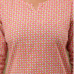 Pink Printed Cotton Night Suit with V-Neck Kurti & Ankle-Length Pants