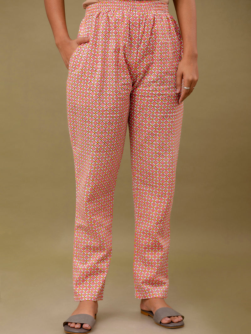 Pink Printed Cotton Night Suit with V-Neck Kurti & Ankle-Length Pants
