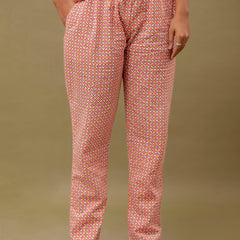 Pink Printed Cotton Night Suit with V-Neck Kurti & Ankle-Length Pants