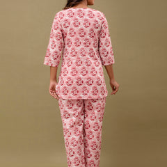 Pink Printed Cotton Night Suit with V-Neck Kurti & Ankle-Length Pants
