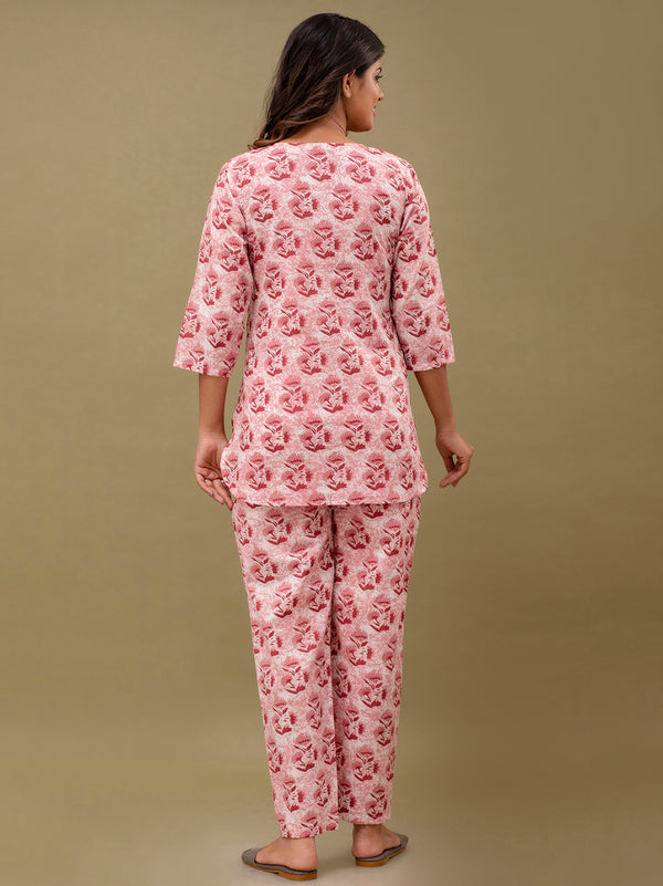 Pink Printed Cotton Night Suit with V-Neck Kurti & Ankle-Length Pants