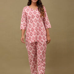 Pink Printed Cotton Night Suit with V-Neck Kurti & Ankle-Length Pants