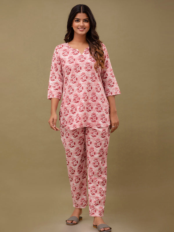 Pink Printed Cotton Night Suit with V-Neck Kurti & Ankle-Length Pants