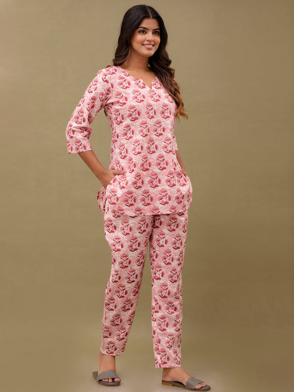 Pink Printed Cotton Night Suit with V-Neck Kurti & Ankle-Length Pants