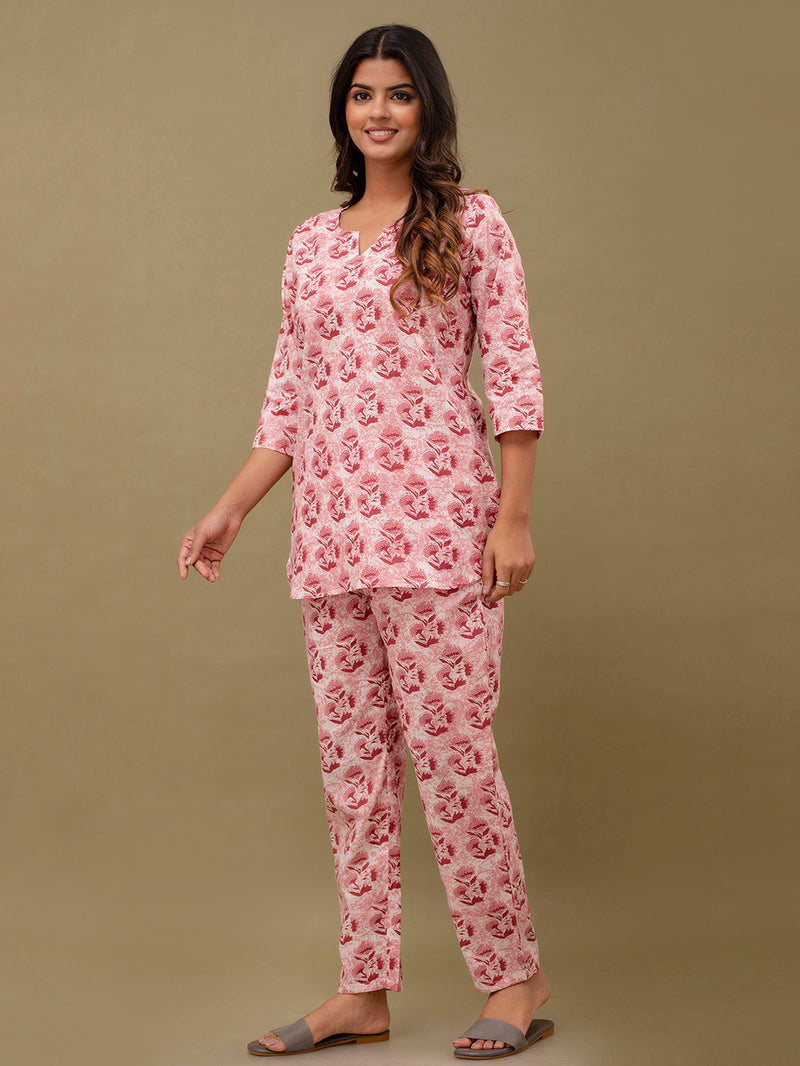 Pink Printed Cotton Night Suit with V-Neck Kurti & Ankle-Length Pants