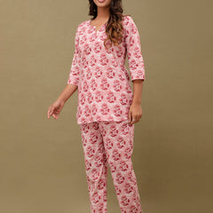 Pink Printed Cotton Night Suit with V-Neck Kurti & Ankle-Length Pants