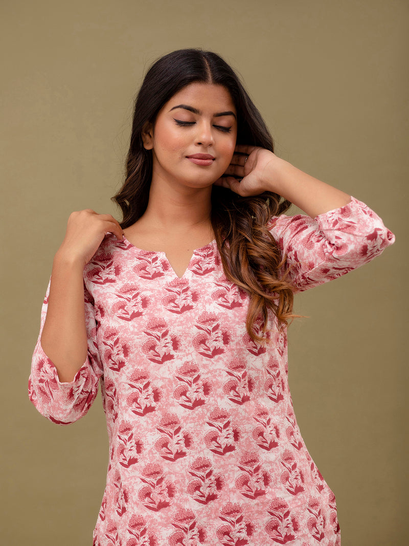 Pink Printed Cotton Night Suit with V-Neck Kurti & Ankle-Length Pants