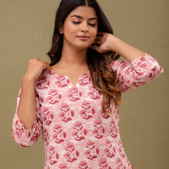 Pink Printed Cotton Night Suit with V-Neck Kurti & Ankle-Length Pants