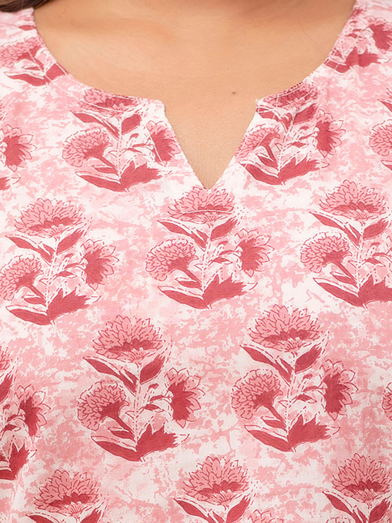 Pink Printed Cotton Night Suit with V-Neck Kurti & Ankle-Length Pants