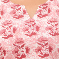 Pink Printed Cotton Night Suit with V-Neck Kurti & Ankle-Length Pants