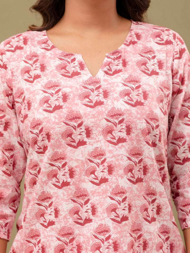 Pink Printed Cotton Night Suit with V-Neck Kurti & Ankle-Length Pants