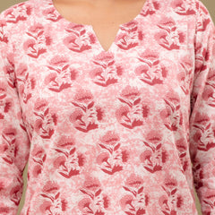 Pink Printed Cotton Night Suit with V-Neck Kurti & Ankle-Length Pants