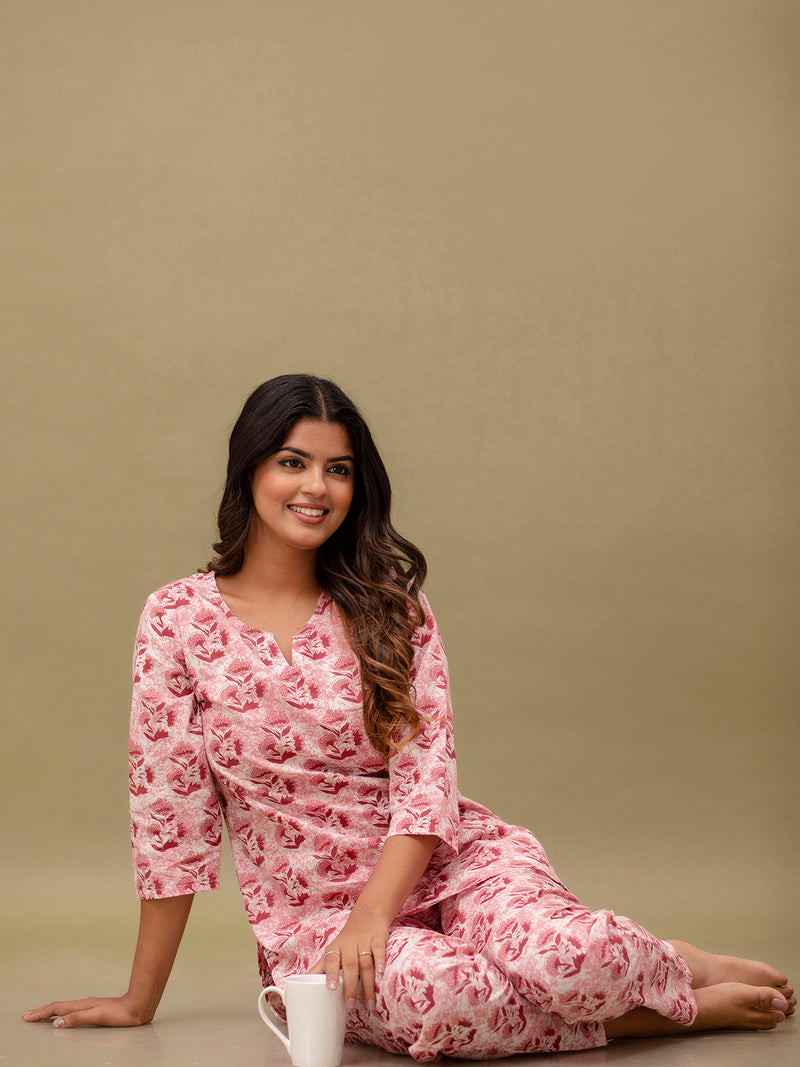 Pink Printed Cotton Night Suit with V-Neck Kurti & Ankle-Length Pants