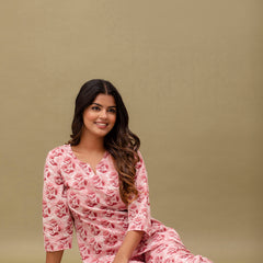 Pink Printed Cotton Night Suit with V-Neck Kurti & Ankle-Length Pants