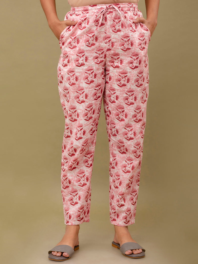Pink Printed Cotton Night Suit with V-Neck Kurti & Ankle-Length Pants