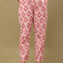 Pink Printed Cotton Night Suit with V-Neck Kurti & Ankle-Length Pants