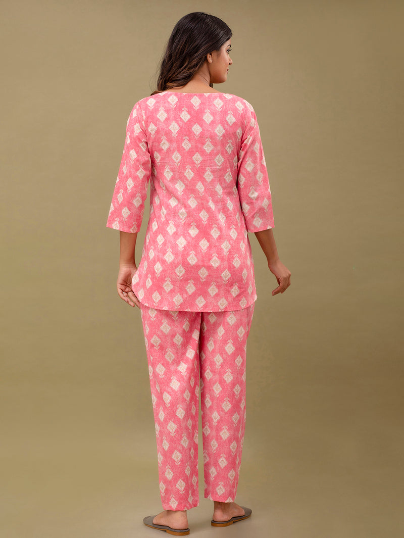Pink Printed Cotton Night Suit with V-Neck Kurti & Ankle-Length Pants