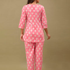 Pink Printed Cotton Night Suit with V-Neck Kurti & Ankle-Length Pants