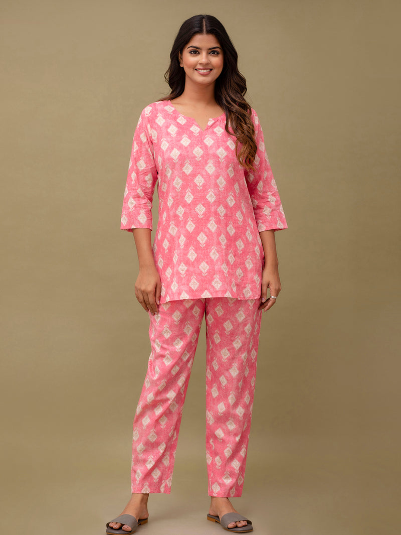 Pink Printed Cotton Night Suit with V-Neck Kurti & Ankle-Length Pants