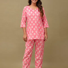 Pink Printed Cotton Night Suit with V-Neck Kurti & Ankle-Length Pants
