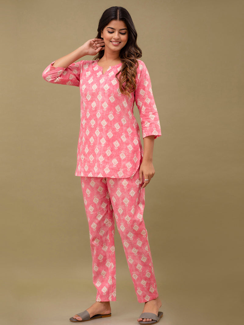 Pink Printed Cotton Night Suit with V-Neck Kurti & Ankle-Length Pants