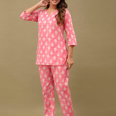 Pink Printed Cotton Night Suit with V-Neck Kurti & Ankle-Length Pants