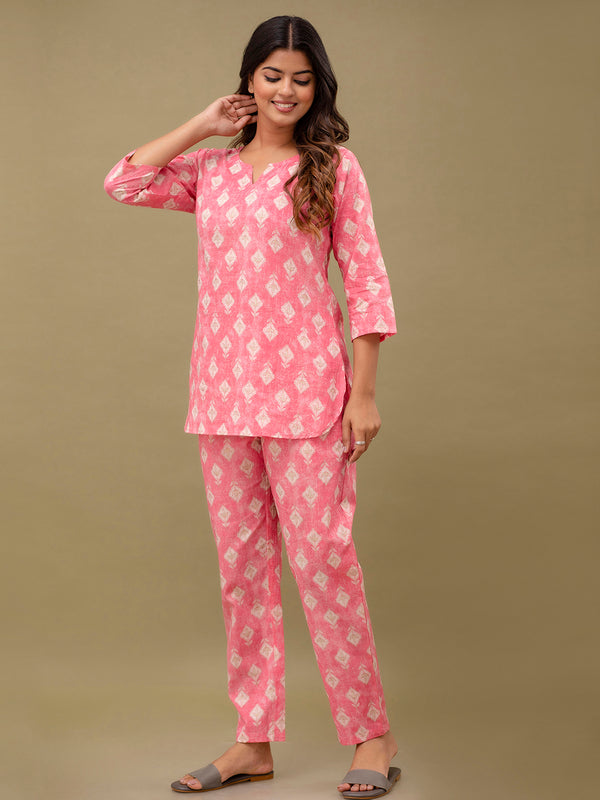 Pink Printed Cotton Night Suit with V-Neck Kurti & Ankle-Length Pants