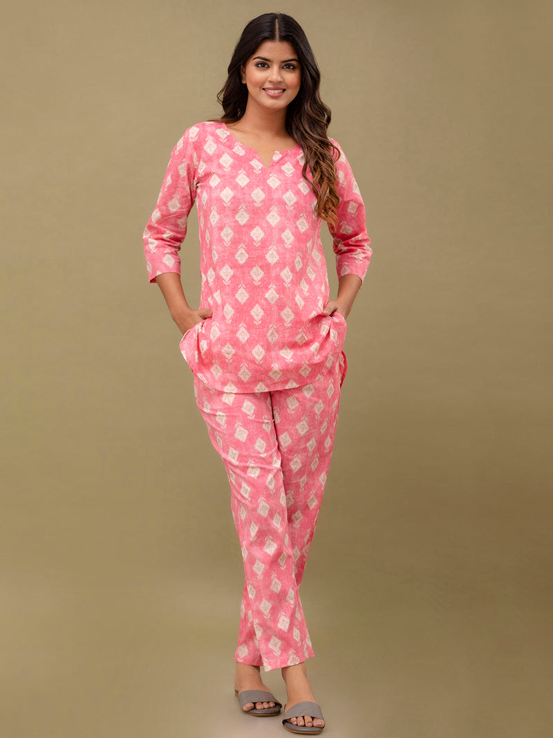 Pink Printed Cotton Night Suit with V-Neck Kurti & Ankle-Length Pants