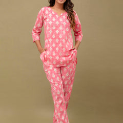 Pink Printed Cotton Night Suit with V-Neck Kurti & Ankle-Length Pants