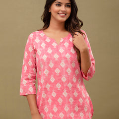 Pink Printed Cotton Night Suit with V-Neck Kurti & Ankle-Length Pants