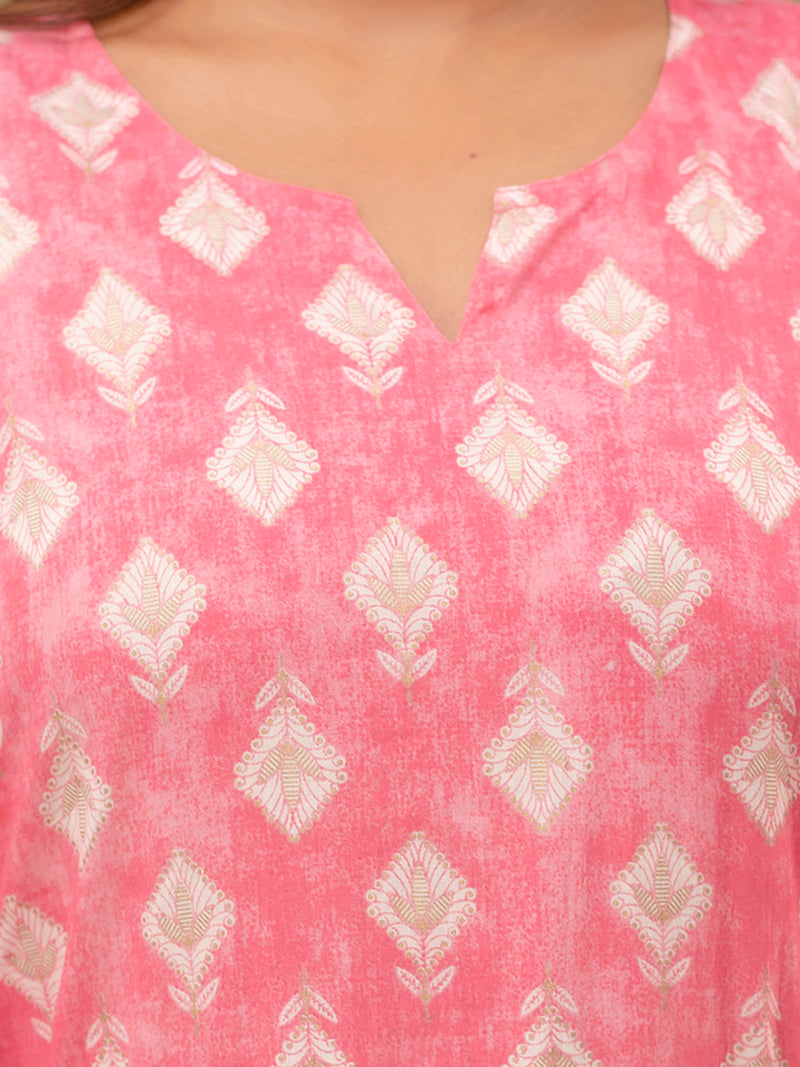 Pink Printed Cotton Night Suit with V-Neck Kurti & Ankle-Length Pants
