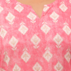 Pink Printed Cotton Night Suit with V-Neck Kurti & Ankle-Length Pants