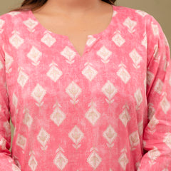 Pink Printed Cotton Night Suit with V-Neck Kurti & Ankle-Length Pants