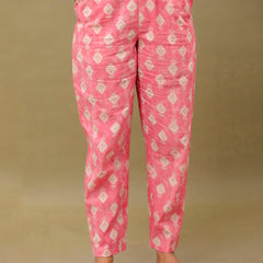 Pink Printed Cotton Night Suit with V-Neck Kurti & Ankle-Length Pants