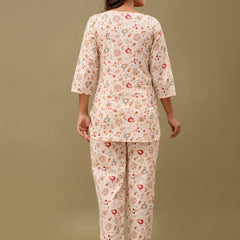 White Printed Cotton Night Suit with V-Neck Kurti & Ankle-Length Pants