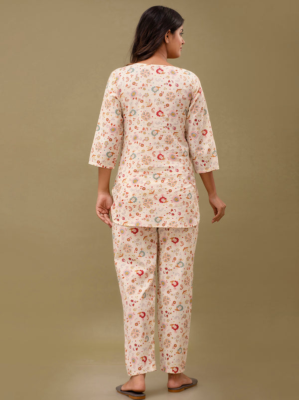 White Printed Cotton Night Suit with V-Neck Kurti & Ankle-Length Pants