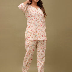 White Printed Cotton Night Suit with V-Neck Kurti & Ankle-Length Pants