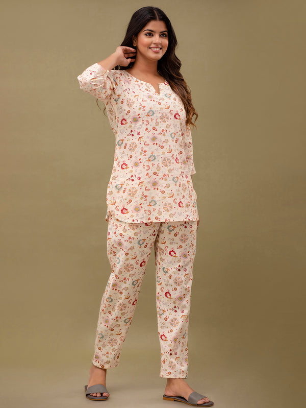 White Printed Cotton Night Suit with V-Neck Kurti & Ankle-Length Pants