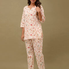 White Printed Cotton Night Suit with V-Neck Kurti & Ankle-Length Pants