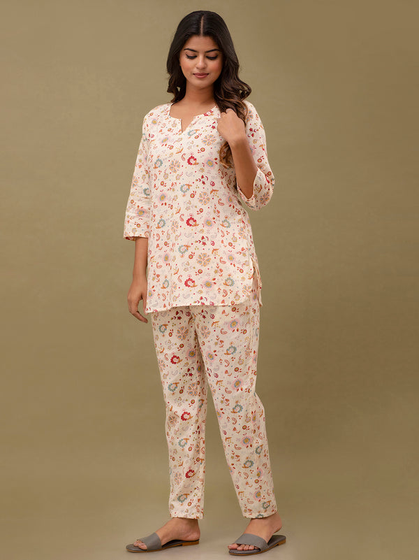 White Printed Cotton Night Suit with V-Neck Kurti & Ankle-Length Pants